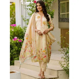 HERE&NOW Women Floral Printed Regular Kurta with Trousers & With Dupatta-picture-17