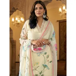 HERE&NOW Women Floral Printed Regular Kurta with Trousers & With Dupatta-picture-14