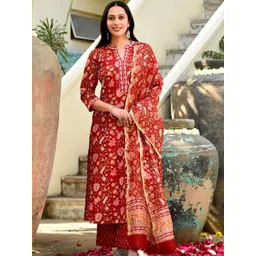 HERE&NOW Women Floral Printed Regular Kurta with Trousers & With Dupatta-picture-29