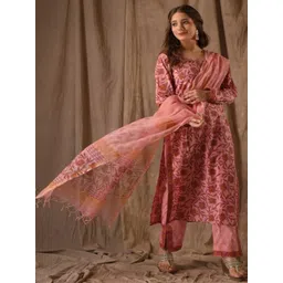 HERE&NOW Women Floral Printed Regular Linen Kurta with Palazzos & With Dupatta-picture-26