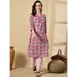 HERE&NOW Women Floral Printed Regular Pure Cotton Kurta with Palazzos-picture-31