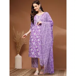 HERE&NOW Women Floral Printed Regular Pure Cotton Kurta with Palazzos & With Dupatta-picture-33