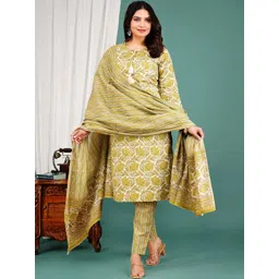 HERE&NOW Women Floral Printed Regular Pure Cotton Kurta with Trousers & With Dupatta-picture-35