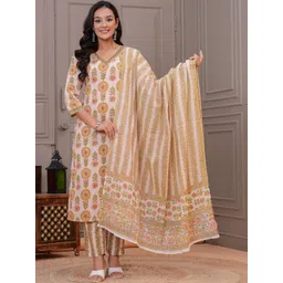 HERE&NOW Women Floral Printed Regular Pure Cotton Kurta with Trousers & With Dupatta-picture-30