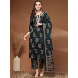 HERE&NOW Women Floral Printed Regular Thread Work Pure Cotton Kurta with Palazzos & With Dupatta-picture-42