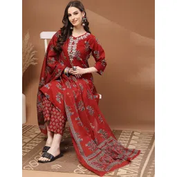 HERE&NOW Women Floral Printed Regular Thread Work Pure Cotton Kurta with Trousers & With Dupatta-picture-14