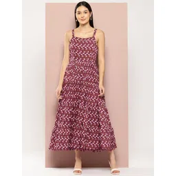 HERE&NOW Women Floral Printed Shoulder Straps Pleated Detail Fit and Flare Maxi Dress-image-36