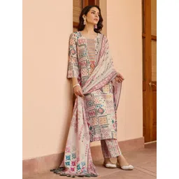HERE&NOW Women Geometric Printed Cotton Kurta with Trousers & Dupatta-picture-18