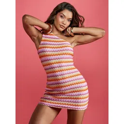 HERE&NOW Women Geometric Self Design One Shoulder Bodycon Mini Dress-picture-39