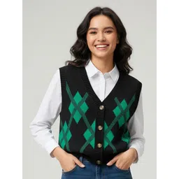 HERE&NOW Women Geometric Self Design Sleeveless V-Neck Front-Open Sweater-picture-22