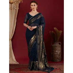 HERE&NOW Women Georgette Foil Printed & Lace Saree-picture-14