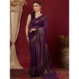 HERE&NOW Women Georgette Foil Printed & Lace Saree image 1
