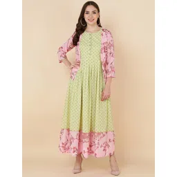 HERE&NOW Women Green And Pink Ethnic Motifs Cotton Maxi Ethnic Dress With Short Jacket-picture-20