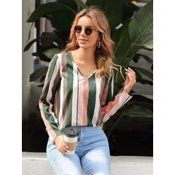 HERE&NOW Women Green Polyester Striped Tops-picture-10