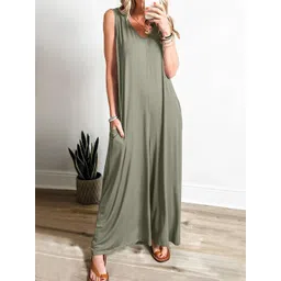 HERE&NOW Women Green Sleeveless Solid Polyester Jumpsuit-picture-15