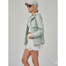 HERE&NOW Women Green Solid Long Sleeves Hooded Jacket-picture-32