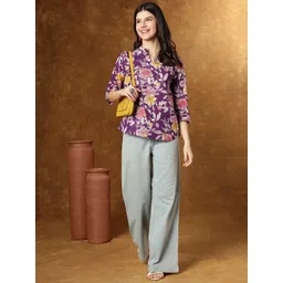 HERE&NOW Women Mandarin Collar Floral Printed Cotton Top-picture-38