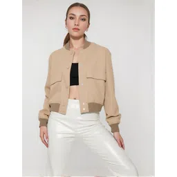 HERE&NOW Women Mandarin Collar Solid Bomber Jacket-picture-13