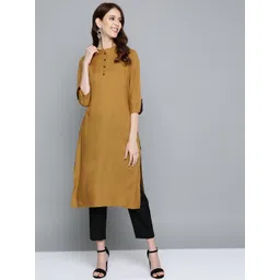 HERE&NOW Women Mustard Brown Solid Straight Kurta-picture-19