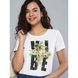 HERE&NOW Women Off White & Black Typography Printed Pure Cotton T-shirt-picture-21