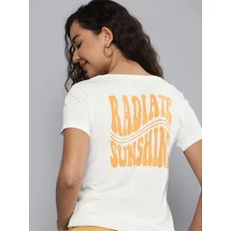 HERE&NOW Women Off White & Orange Typography Printed Pure Cotton T-shirt-picture-20