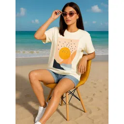 HERE&NOW Women Off White Cotton Tshirts image 4