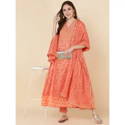 HERE&NOW Women Orange Embroidered Pure Cotton Kurta with Trousers & With Dupatta-picture-35