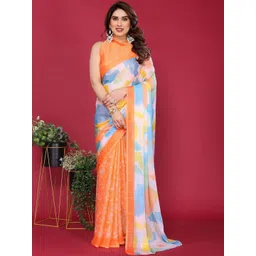 HERE&NOW Women Orange Printed Pure Chiffon Ethnic Sarees With Blouse Piece-picture-38