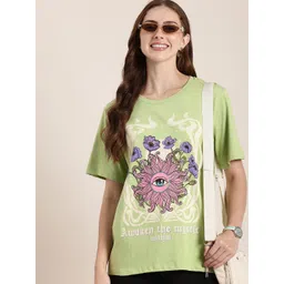 here&now Women Printed Round Neck Pure Cotton Green T-Shirt-picture-11