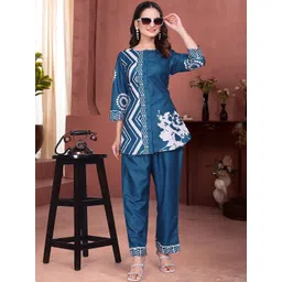 HERE&NOW Women Printed Silk Crepe Short Kurta With Trousers-picture-37