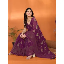 HERE&NOW Women Purple Ethnic Motifs Poly Georgette Saree With Foil Work & Tassel-picture-16