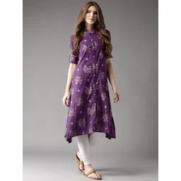 HERE&NOW Women Purple Printed A-Line Asymmetric Kurta-picture-30