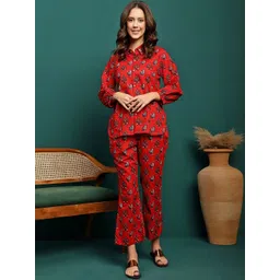 HERE&NOW Women Red & Blue Peacock Printed Cotton Shirt & Trouser Co-Ord Set-picture-36