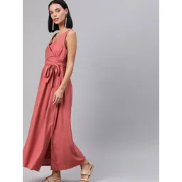 HERE&NOW Women Red Solid Maxi Dress with Tie-Ups-picture-19