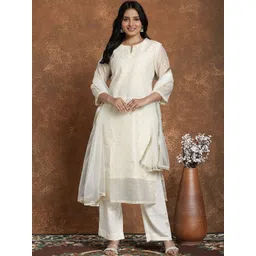 HERE&NOW Women Regular Chanderi Cotton Kurta with Trousers & With Dupatta-picture-16