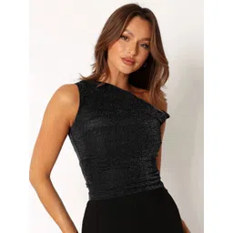 HERE&NOW Women Shimmer Self Design One Shoulder Top-picture-37