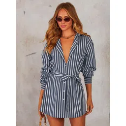 HERE&NOW Women Shirt Collar Striped Print Long Sleeves Shirt Mini Dress-picture-11