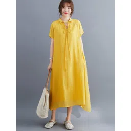 HERE&NOW Women Shirt Collar Tie Up Neck Shift Midi Dress-picture-17