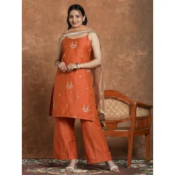 here&now Women Silk Blend Kurta Palazzo Dupatta Set-picture-11