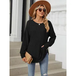 HERE&NOW Women Solid Black Acrylic Ribbed Longline Sweater-picture-34