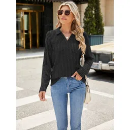 HERE&NOW Women Solid Black Ribbed Acrylic V-Neck Sweater image 1