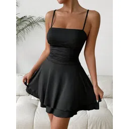 HERE&NOW Women Solid Shoulder Straps Fit & Flare Mini Dress-picture-23