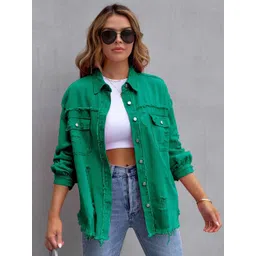 HERE&NOW Women Solid Spread Collar Denim Jacket-picture-40