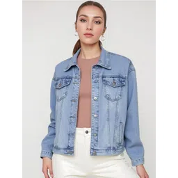 HERE&NOW Women Spread Collar Solid Denim Jacket-picture-10