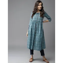 HERE&NOW Women Teal Blue & White Printed A-Line Kurta-picture-20