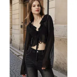 HERE&NOW Women Tie-Up Neck Ruffles Georgette Crop Top-picture-27