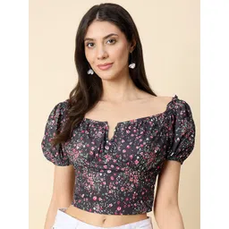 HERE&NOW Women V-Neck Puff Sleeves Floral Print Crop Top-picture-32