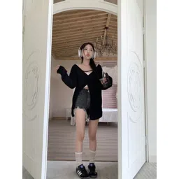 HERE&NOW Women V-Neck Solid Longline Shrug-picture-15