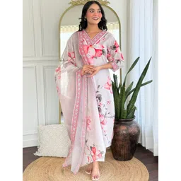 HERE&NOW Women Viscose Rayon Floral Printed Regular Kurta with Trousers & With Dupatta-picture-15