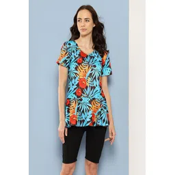 Here&Now Womens Turqouise-Black Colour Floral Print Nylon Swim Suit Cap Floral Print Women Swim-dress Light Blue Swimsuit-picture-11